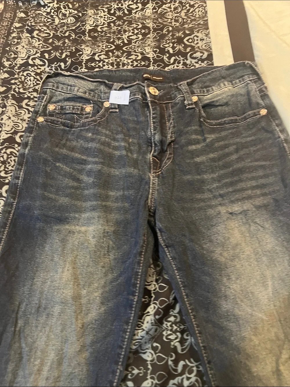 True Religion ROCCO faded dark blue jeans with whiskering